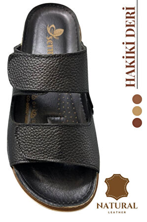 Sermoda Çift Cırtlı Hakiki Deri Erkek Terlik Doğal Deri Terlik C Siyah