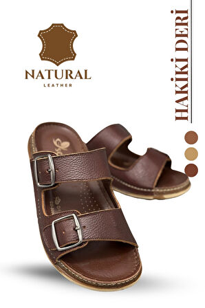 Sermoda Hakiki Deri Erkek Terlik Doğal Deri Terlik T Kahve