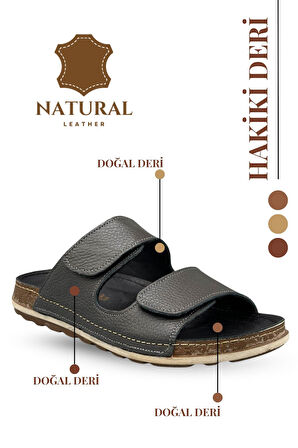 Sermoda Çift Cırtlı Hakiki Deri Erkek Terlik Doğal Deri Terlik C Füme