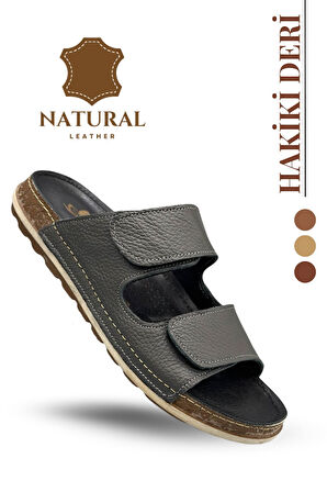 Sermoda Çift Cırtlı Hakiki Deri Erkek Terlik Doğal Deri Terlik C Füme