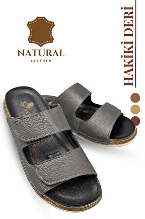 Sermoda Çift Cırtlı Hakiki Deri Erkek Terlik Doğal Deri Terlik C Füme