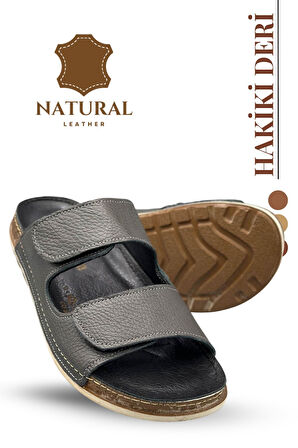Sermoda Çift Cırtlı Hakiki Deri Erkek Terlik Doğal Deri Terlik C Füme