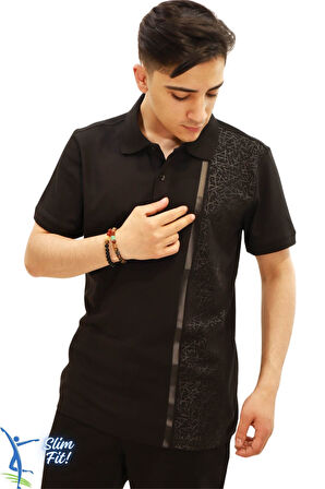 Erkek Slim Fit Dar Kesim Pamuklu Yumuşak Doku Nefes Alan Kumaş Kıvrılmaz Yaka Haki Polo Yaka Tişört Siyah