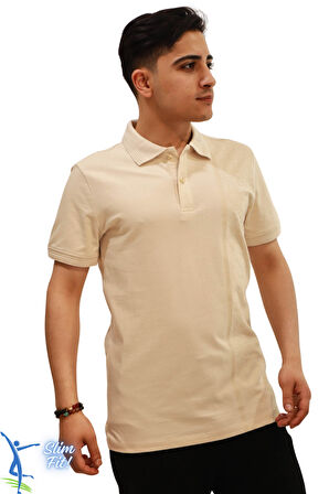 Erkek Slim Fit Dar Kesim Pamuklu Yumuşak Doku Nefes Alan Kumaş Kıvrılmaz Yaka Haki Polo Yaka Tişört Bej