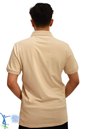 Erkek Slim Fit Dar Kesim Pamuklu Yumuşak Doku Nefes Alan Kumaş Kıvrılmaz Yaka Haki Polo Yaka Tişört Bej