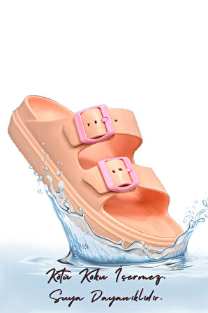 Sermoda Çift Toka Hafif Eva Yazlık Plaj Terliği Havuz Terliği Lavabo Terliği Pudra Pembe