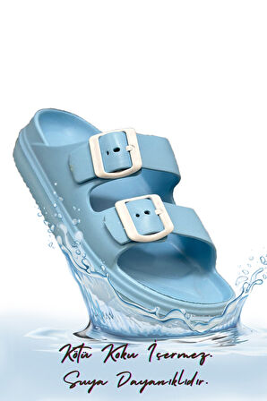 Sermoda Çift Toka Hafif Eva Yazlık Plaj Terliği Havuz Terliği Lavabo Terliği Bebe Mavi