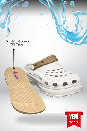 Sermoda Yüksek Çift Taban Taşlı Deniz Havuz Sabo Doktor Hemşire Hastane Comfort Günlük Kadın Terlik Beyaz Vizon