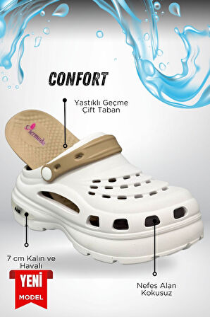 Sermoda Yüksek Çift Taban Taşlı Deniz Havuz Sabo Doktor Hemşire Hastane Comfort Günlük Kadın Terlik Beyaz Vizon