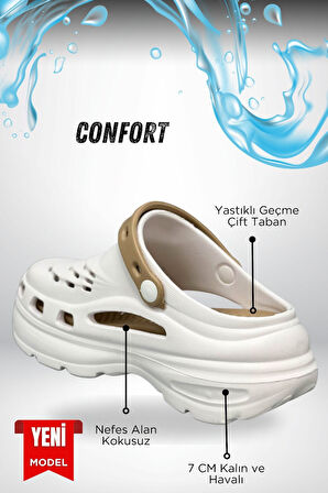 Sermoda Yüksek Çift Taban Taşlı Deniz Havuz Sabo Doktor Hemşire Hastane Comfort Günlük Kadın Terlik Beyaz Vizon