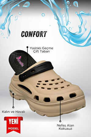 Sermoda Yüksek Çift Taban Taşlı Deniz Havuz Sabo Doktor Hemşire Hastane Comfort Günlük Kadın Terlik Vizon Siyah