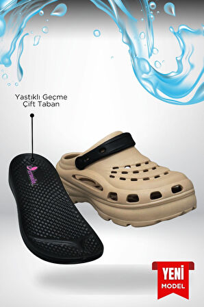 Sermoda Yüksek Çift Taban Taşlı Deniz Havuz Sabo Doktor Hemşire Hastane Comfort Günlük Kadın Terlik Vizon Siyah