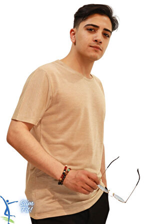 Sermoda Hava Alan İnce Pamuklu Kumaş Bisiklet Yaka Erkek T-Shirt Camel