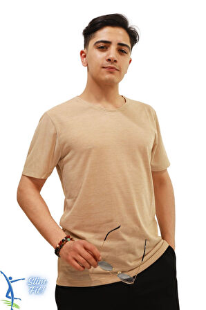 Sermoda Hava Alan İnce Pamuklu Kumaş Bisiklet Yaka Erkek T-Shirt Camel