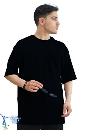 Sermoda Bol ve Rahat Kesim Cep Detaylı Bisiklet Yaka T-Shirt Siyah