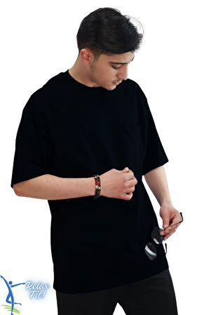 Sermoda Bol ve Rahat Kesim Cep Detaylı Bisiklet Yaka T-Shirt Siyah