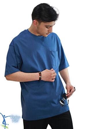 Sermoda Bol ve Rahat Kesim Cep Detaylı Bisiklet Yaka T-Shirt İndigo