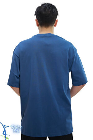 Sermoda Bol ve Rahat Kesim Cep Detaylı Bisiklet Yaka T-Shirt İndigo