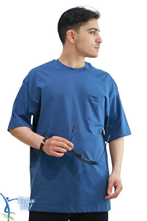 Sermoda Bol ve Rahat Kesim Cep Detaylı Bisiklet Yaka T-Shirt İndigo