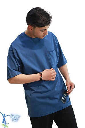 Sermoda Bol ve Rahat Kesim Cep Detaylı Bisiklet Yaka T-Shirt İndigo