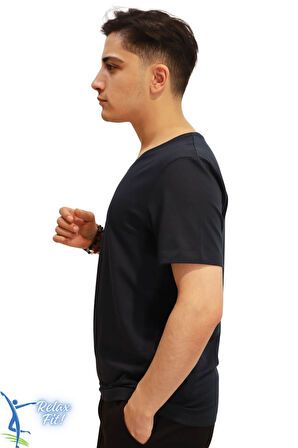 Sermoda Rahat Kesim V Yaka Pamuklu Penye T-Shirt Lacivert