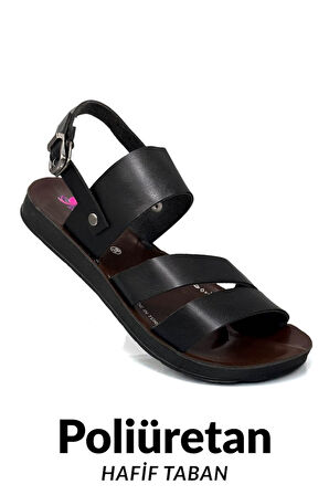 Geçme Tokalı Suni Deri Hafif Taban Kadın Yazlık Sandalet Siyah