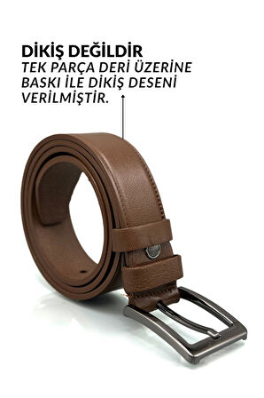 Sermoda 33 mm Doğal Deri Dikiş Baskı Erkek Kumaş Kemeri Taba