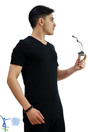 Erkek Slim Fit V Yaka Tişört - Dar Kesim Basic Günlük T-Shirt Siyah