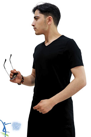 Erkek Slim Fit V Yaka Tişört - Dar Kesim Basic Günlük T-Shirt Siyah
