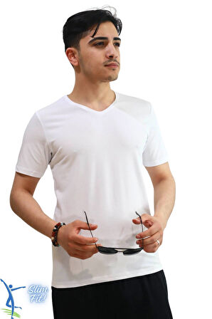 Erkek Slim Fit V Yaka Tişört - Dar Kesim Basic Günlük T-Shirt Beyaz