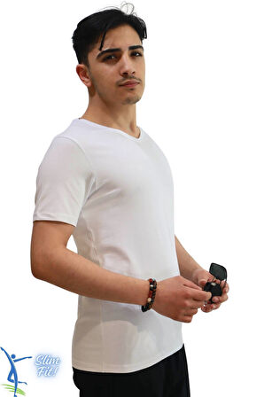 Erkek Slim Fit V Yaka Tişört - Dar Kesim Basic Günlük T-Shirt Beyaz