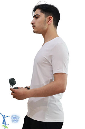 Erkek Slim Fit V Yaka Tişört - Dar Kesim Basic Günlük T-Shirt Beyaz