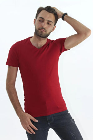 Erkek Slim Fit V Yaka Tişört - Dar Kesim Basic Günlük T-Shirt Bordo