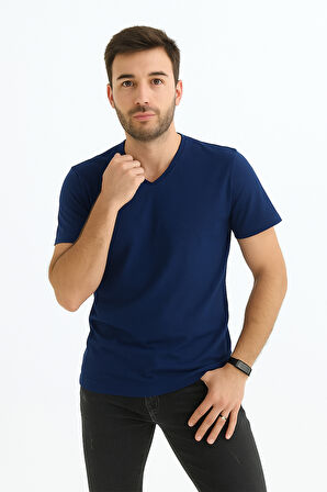 Erkek Slim Fit V Yaka Tişört - Dar Kesim Basic Günlük T-Shirt Lacivert