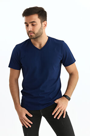 Erkek Slim Fit V Yaka Tişört - Dar Kesim Basic Günlük T-Shirt Lacivert
