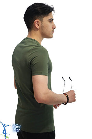 Erkek Slim Fit V Yaka Tişört - Dar Kesim Basic Günlük T-Shirt Haki