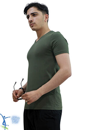 Erkek Slim Fit V Yaka Tişört - Dar Kesim Basic Günlük T-Shirt Haki