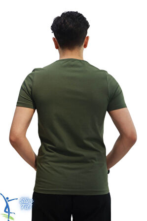 Erkek Slim Fit V Yaka Tişört - Dar Kesim Basic Günlük T-Shirt Haki
