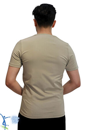 Erkek Slim Fit V Yaka Tişört - Dar Kesim Basic Günlük T-Shirt Vizon