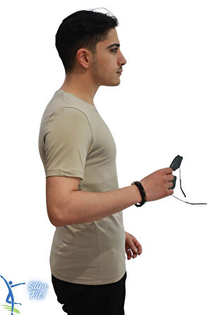 Erkek Slim Fit V Yaka Tişört - Dar Kesim Basic Günlük T-Shirt Vizon