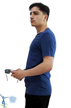 Erkek Slim Fit V Yaka Tişört - Dar Kesim Basic Günlük T-Shirt İndigo