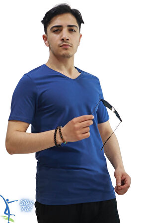 Erkek Slim Fit V Yaka Tişört - Dar Kesim Basic Günlük T-Shirt İndigo