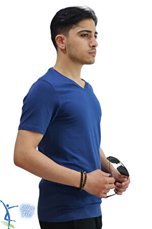 Erkek Slim Fit V Yaka Tişört - Dar Kesim Basic Günlük T-Shirt İndigo