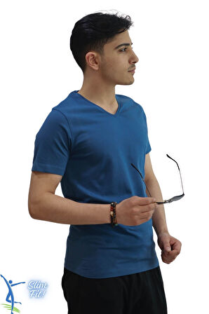 Erkek Slim Fit V Yaka Tişört - Dar Kesim Basic Günlük T-Shirt Petrol Mavi