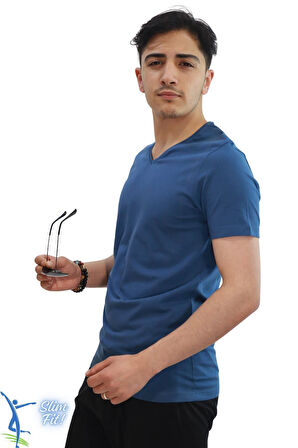Erkek Slim Fit V Yaka Tişört - Dar Kesim Basic Günlük T-Shirt Petrol Mavi