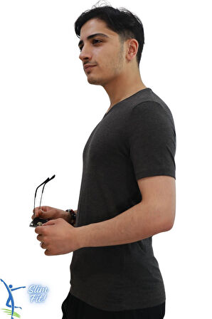 Erkek Slim Fit V Yaka Tişört - Dar Kesim Basic Günlük T-Shirt Antrasit