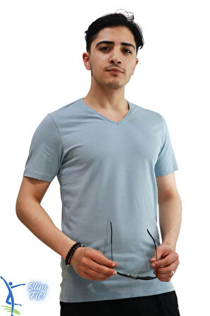 Erkek Slim Fit V Yaka Tişört - Dar Kesim Basic Günlük T-Shirt Bebe Mavi