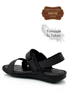 Hakiki Gerçek Deri Cırtlı Erkek Sandalet Şırıngıl Siyah