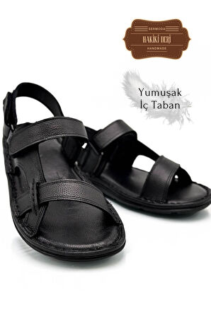 Hakiki Gerçek Deri Cırtlı Erkek Sandalet Şırıngıl Siyah
