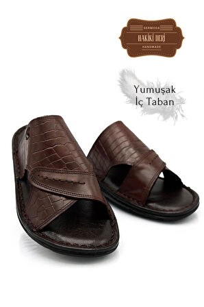 Hakiki Gerçek Deri Erkek Terlik Hafif Terlik Deri 3D Kahve